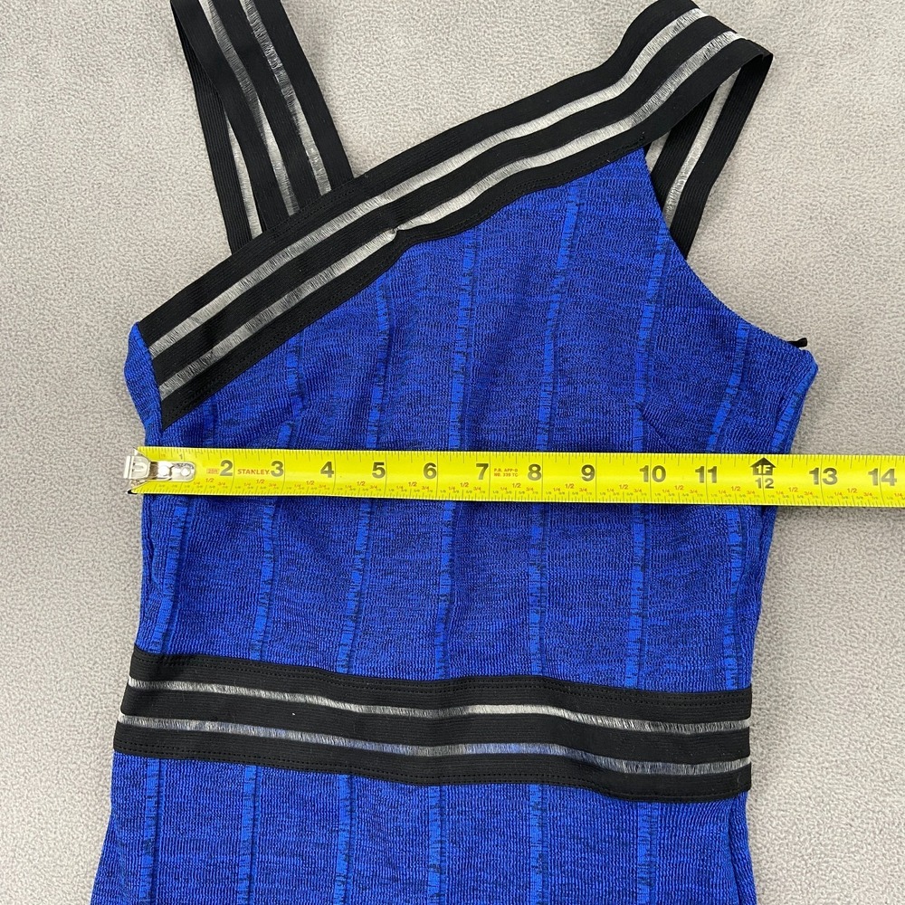 Topshop Bodycon Dress Womens 4 Blue Striped One Shoulder Elastic Trim Back Zip - Picture 5 of 8